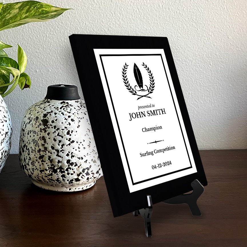 Surfing Customizable Black Frame Wooden Award Plaque | Easel Mount Option | Achievement and Recognition Personalizable Plaques
