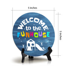 Signs ByLITA Circle Welcome to the Funhouse Wood Color, Entrance Decor Table Sign (5"x5")
