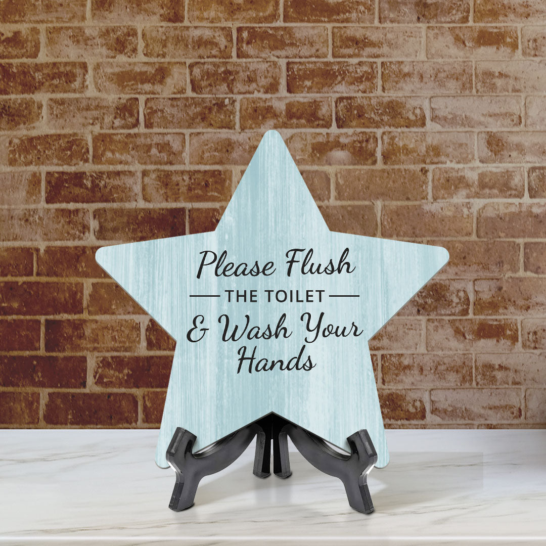 Sign ByLITA Please Flush The Toilet & Wash Your Hands, Wood Color, Star Table Sign (6"x5")