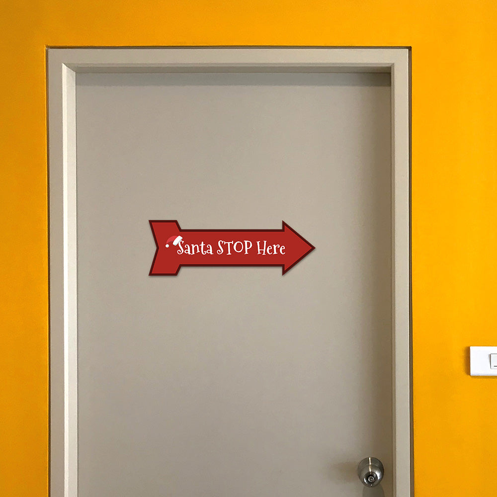 Arrow Shape Plus Santa Stop Here 12x4" Wall or Door Sign | Christmas Holiday Decoration