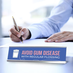 Signs ByLITA Avoid Gum Disease with Regular Flossing Dental Office Decor Silver Frame, Desk Sign (2x8“)