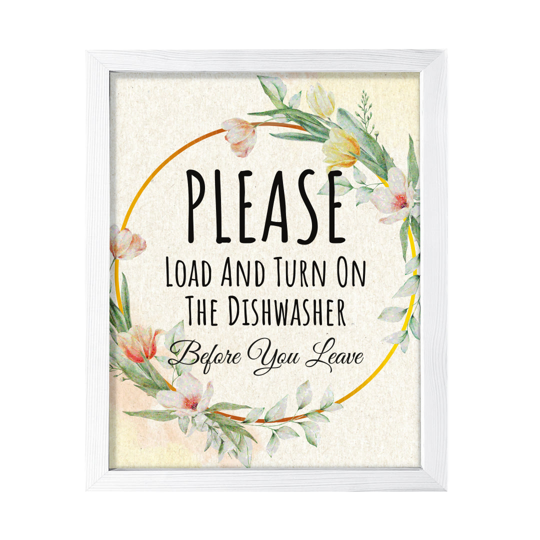 Signs ByLITA Please Load And Turn On The Dishwasher Before You Leave, Floral FRAMED Print Short Term Rentals Guest Signage, Floral FRAMED Print Short Term Rentals Guest Signage Kitchen Hospitality Wall Art