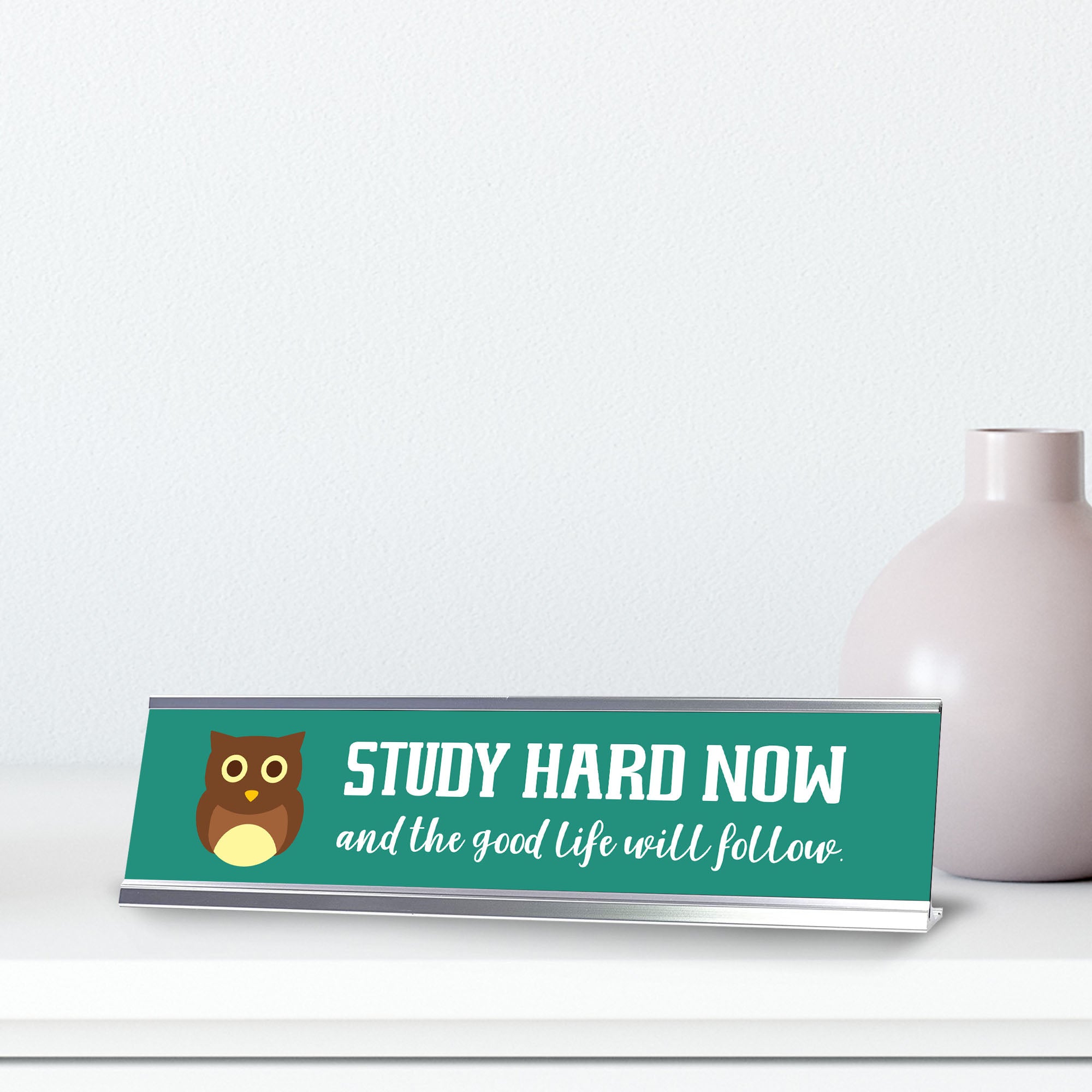 Study Hard Now And The Good Life Will Follow, Owl Silver Frame, Desk Sign (2x8")