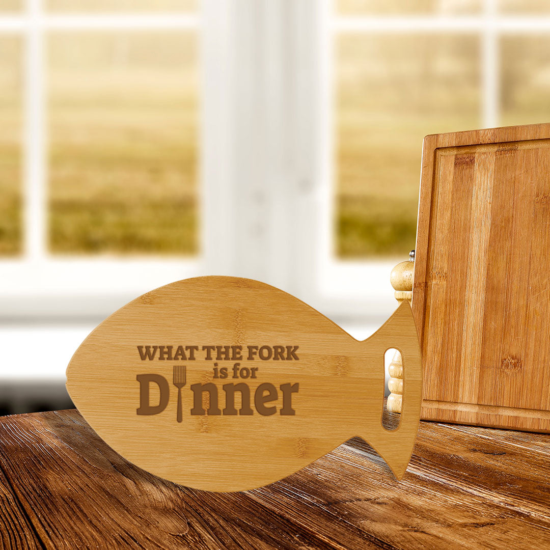 What the Fork Is For Dinner (14 x 8.5") Fish Shape Cutting Board | Funny Decorative Kitchen Chopping Board