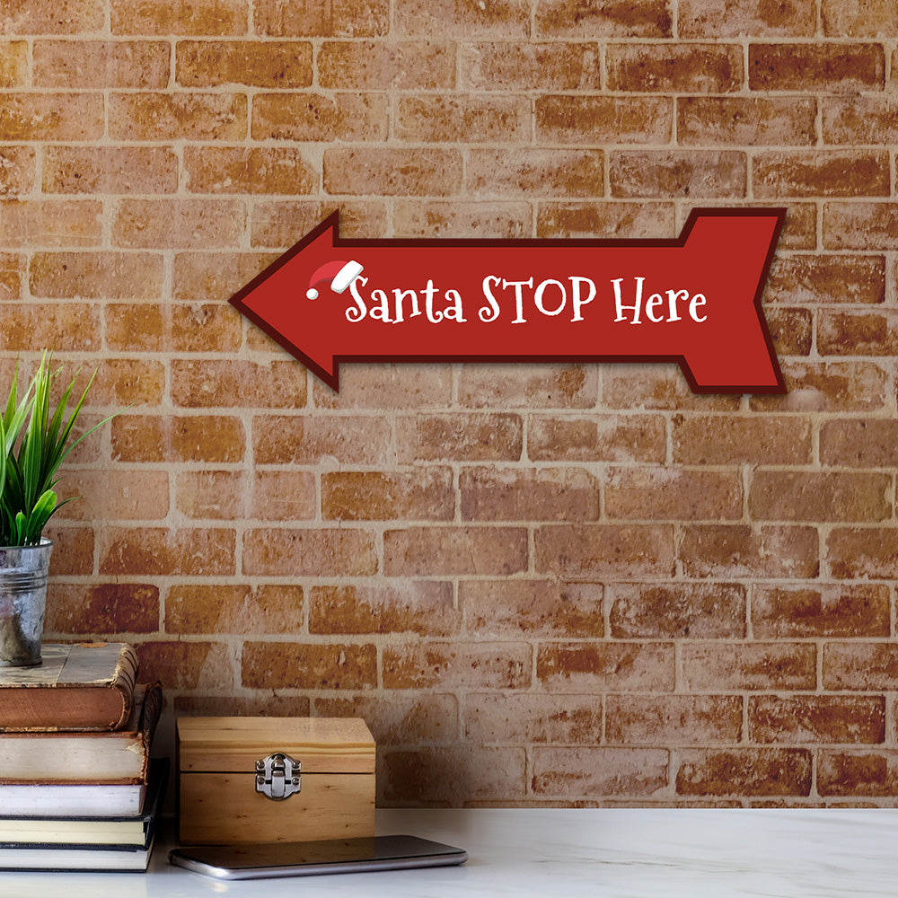 Arrow Shape Plus Santa Stop Here 12x4" Wall or Door Sign | Christmas Holiday Decoration