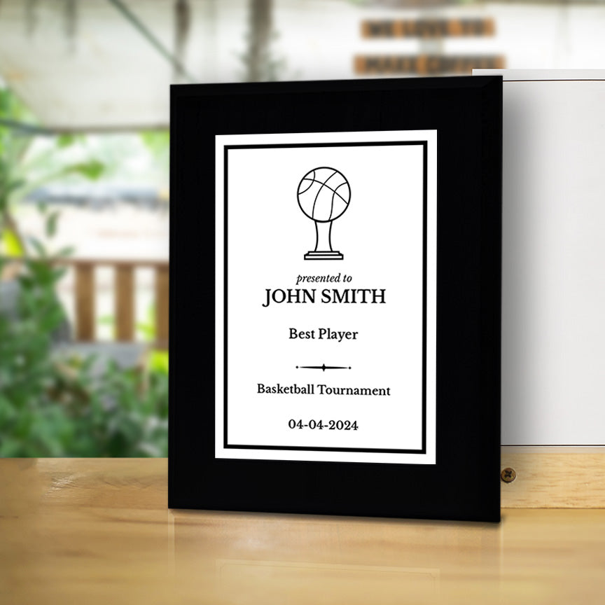 Basketball Customizable Black Frame Wooden Award Plaque | Easel Mount Option | Achievement and Recognition Personalizable Plaques