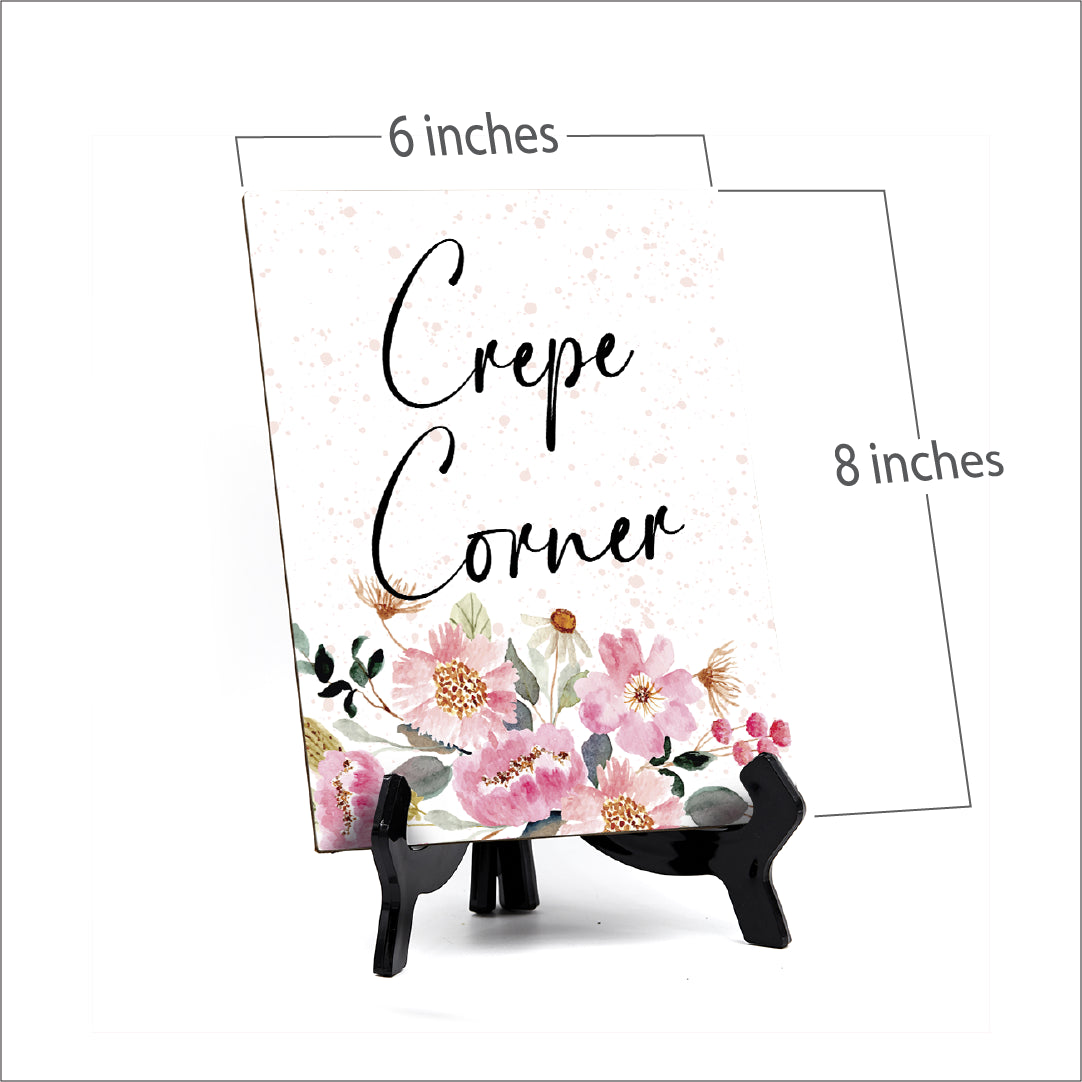 Crepe Corner Table Sign with Easel, Floral Watercolor Design (6" x 8")