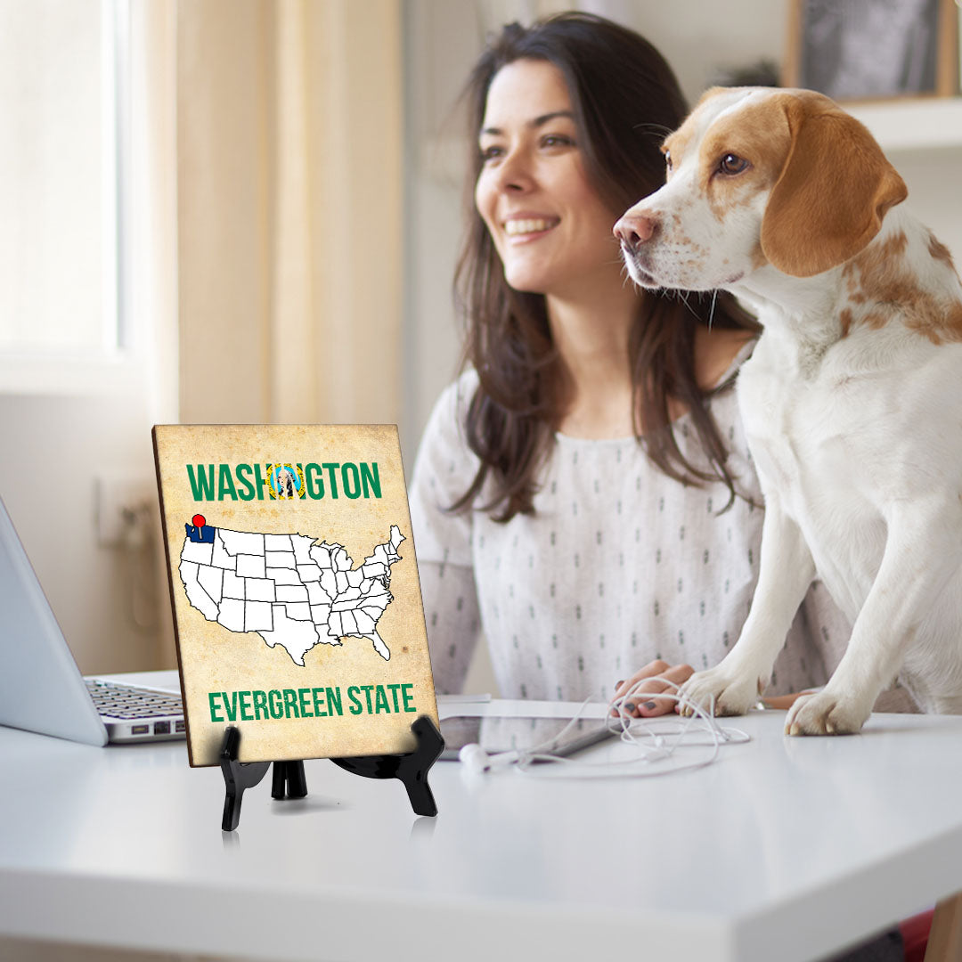 Washington: Evergreen State Table Sign with Acrylic Stand (6x8“)| State Pride Collection | Perfect Gift for Coworkers or Family