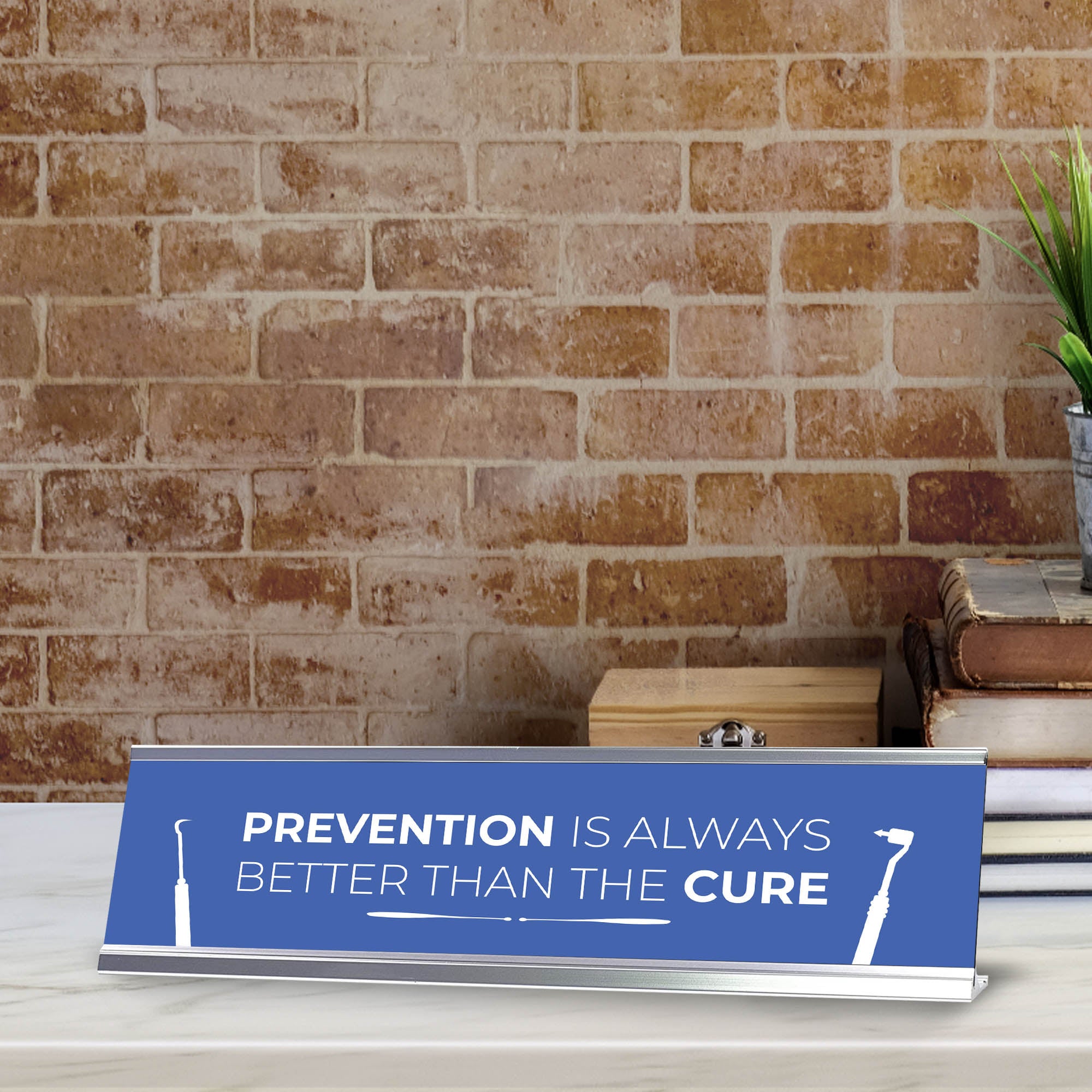 Signs ByLITA Prevention Is Always Better Than The Cure Dental Office Decor Silver Frame, Desk Sign (2x8“)