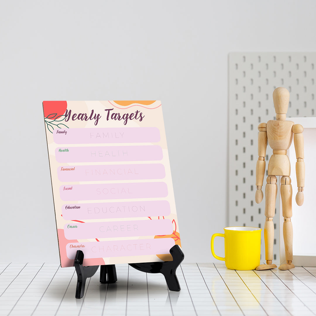 Yearly Targets Dry Wipe Liquid Chalk Table Sign (6x8") Office And Home Reminders | Personal Schedule | No Pen Included