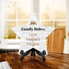 Sign ByLITA Family Rules: Love, Respect, Forgive, Wood Color, Star Bathroom Table Sign (6"x5")