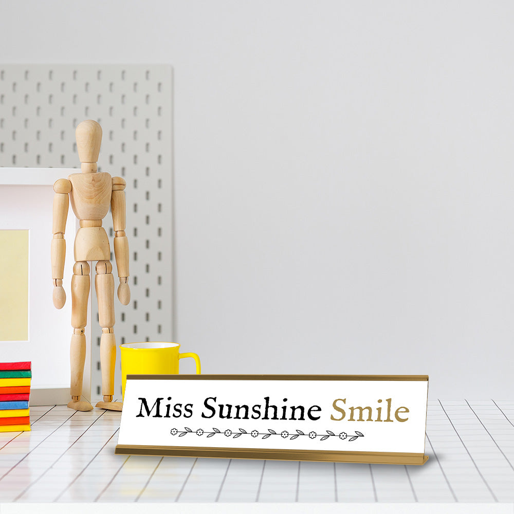 Miss Sunshine Smile Gold Frame Desk Sign (2x8") | Appreciation Idea For Her | Girlfriend| Workspace Decoration