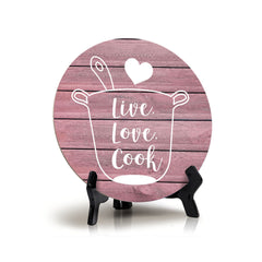 Round Live, Love, Cook Pink Wood Color, Circle Table Sign (5x5")