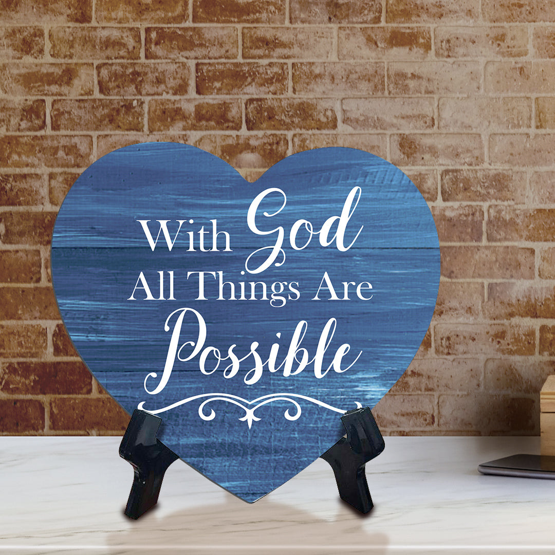 Sign ByLITA Heart With God All Things Are Possible, Blue Wood Color, Table Sign (6"x5")