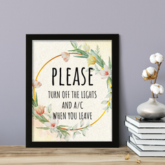 Signs ByLITA Please Turn Off The Lights And A/C When You Leave, Floral FRAMED Print Short Term Rentals Guest Signage Hospitality Wall Art