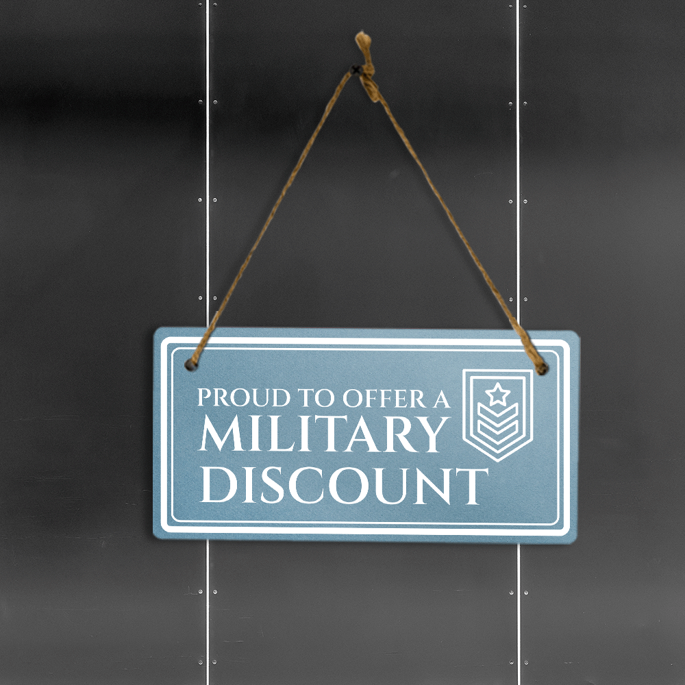 Proud to Offer A Military Discount 5x10 Hanging Plus Wall or Door Sign | Rustic Twine | Business Veteran Support Signage