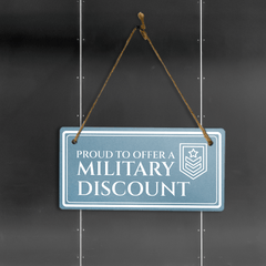 Proud to Offer A Military Discount 5x10 Hanging Plus Wall or Door Sign | Rustic Twine | Business Veteran Support Signage