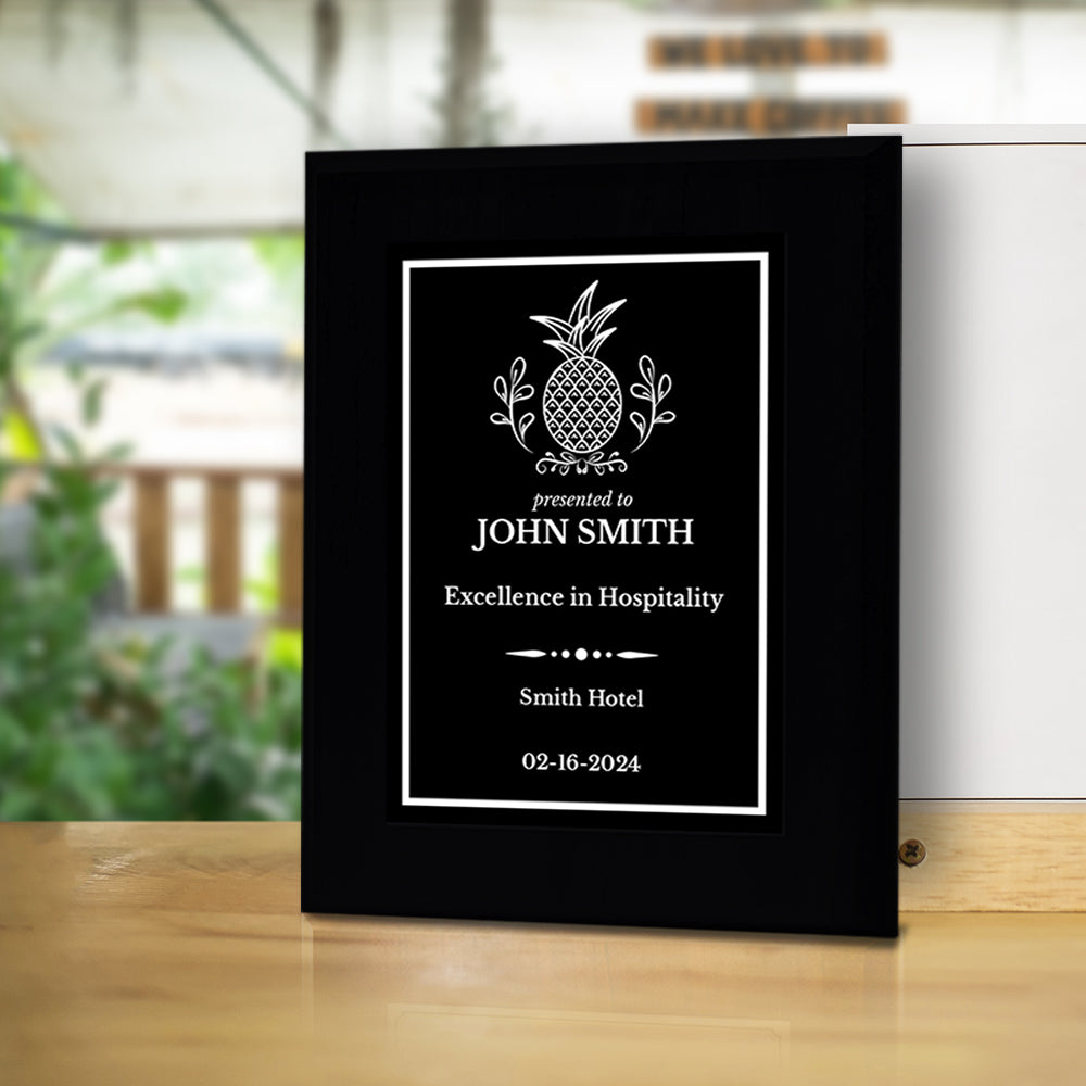 Hospitality Theme Customizable Black Frame Award Plaque | Easel Mount Option | Recognition of Achievement and Service Personalizable Plaques