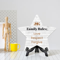 Sign ByLITA Family Rules: Love, Respect, Forgive, Wood Color, Star Bathroom Table Sign (6"x5")