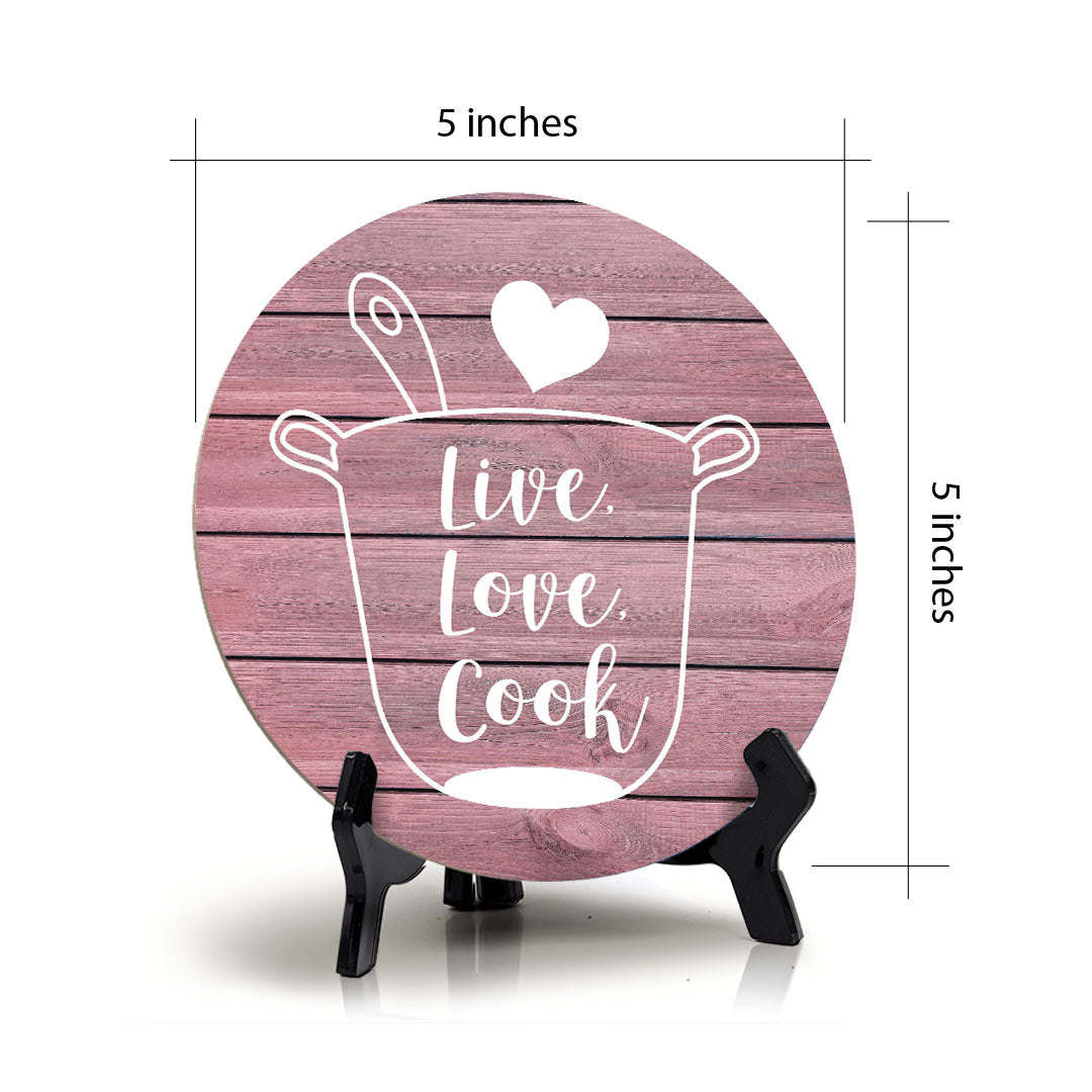Round Live, Love, Cook Pink Wood Color, Circle Table Sign (5x5")