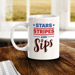 Stars, Stripes & Sips 11oz Plastic or Ceramic Mug | Funny Patriotic Novelty Office Mug