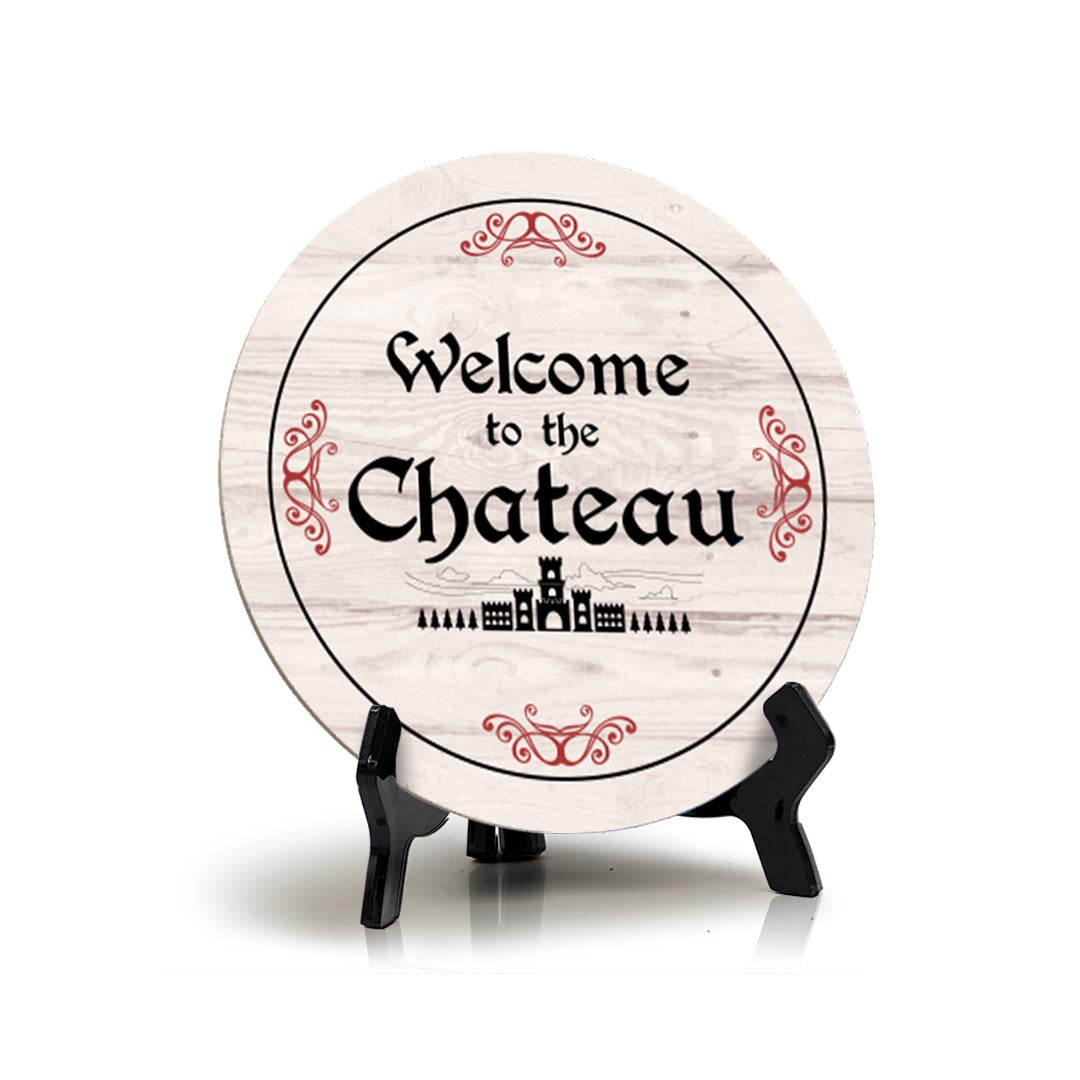 Signs ByLITA Circle Welcome To The Chateau Wood Color, Entrance Decor Table Sign (5"x5")