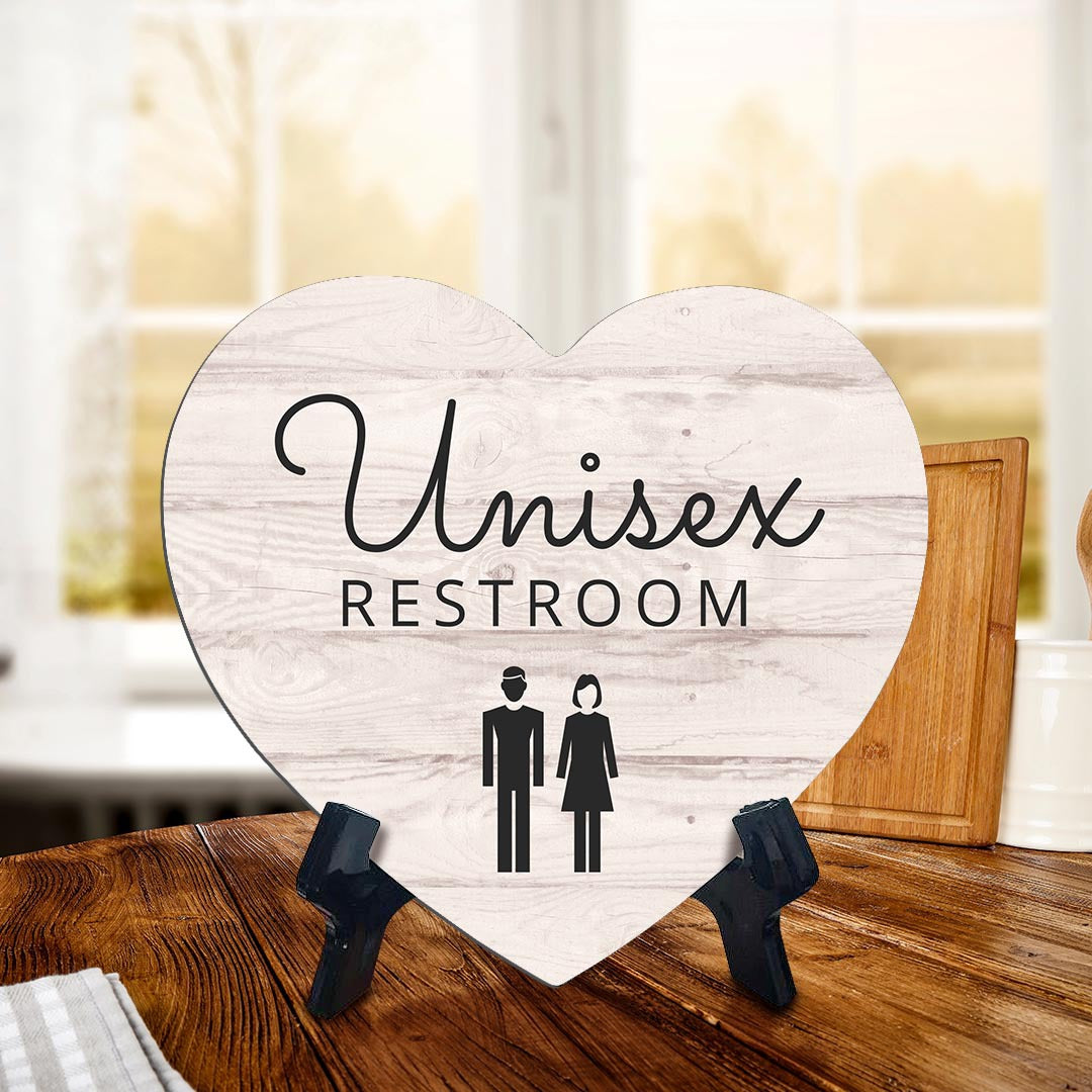 Signs ByLITA Heart Unisex Restroom, Wood Color, Table Sign (6"x5")
