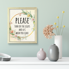Signs ByLITA Please Turn Off The Lights And A/C When You Leave, Floral FRAMED Print Short Term Rentals Guest Signage Hospitality Wall Art