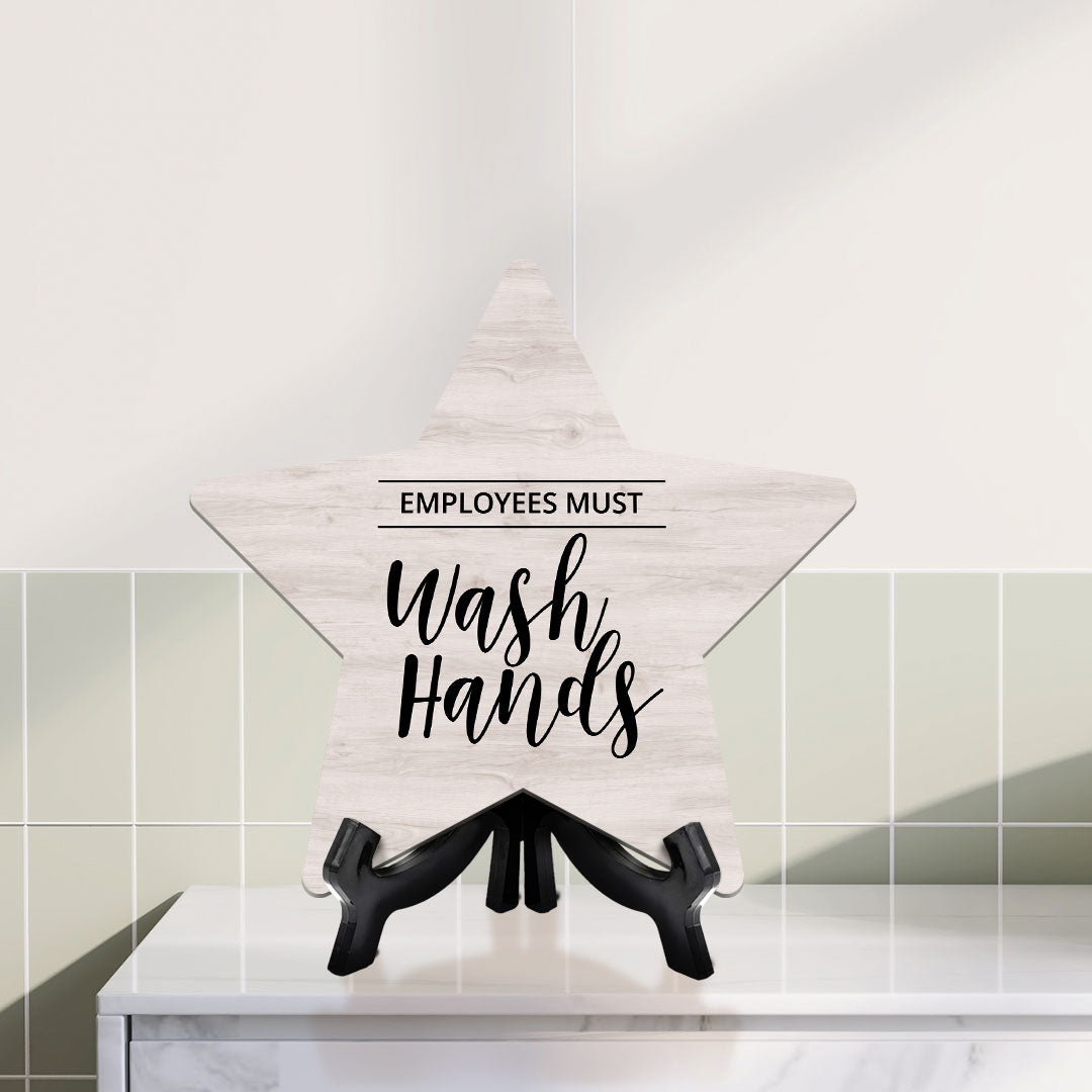 Sign ByLITA Employees Must Wash Hands, Wood Color Star Table Sign (6"x5")