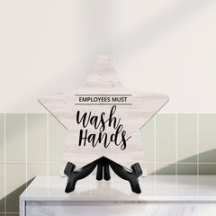 Sign ByLITA Employees Must Wash Hands, Wood Color Star Table Sign (6"x5")