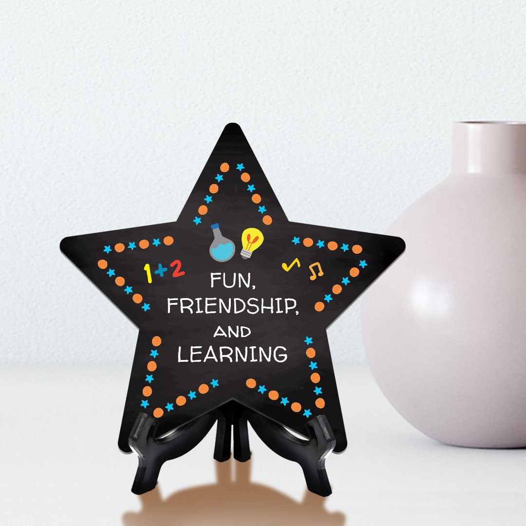 Sign ByLITA Fun, Friendship, and Learning Star Table Sign with Acrylic Stand (7.5x7.5“) Development | Kindergarten Classroom Essentials | Nurture Young Minds | Fun & Educational Supplies | Easy to Read | Includes Easel Stand