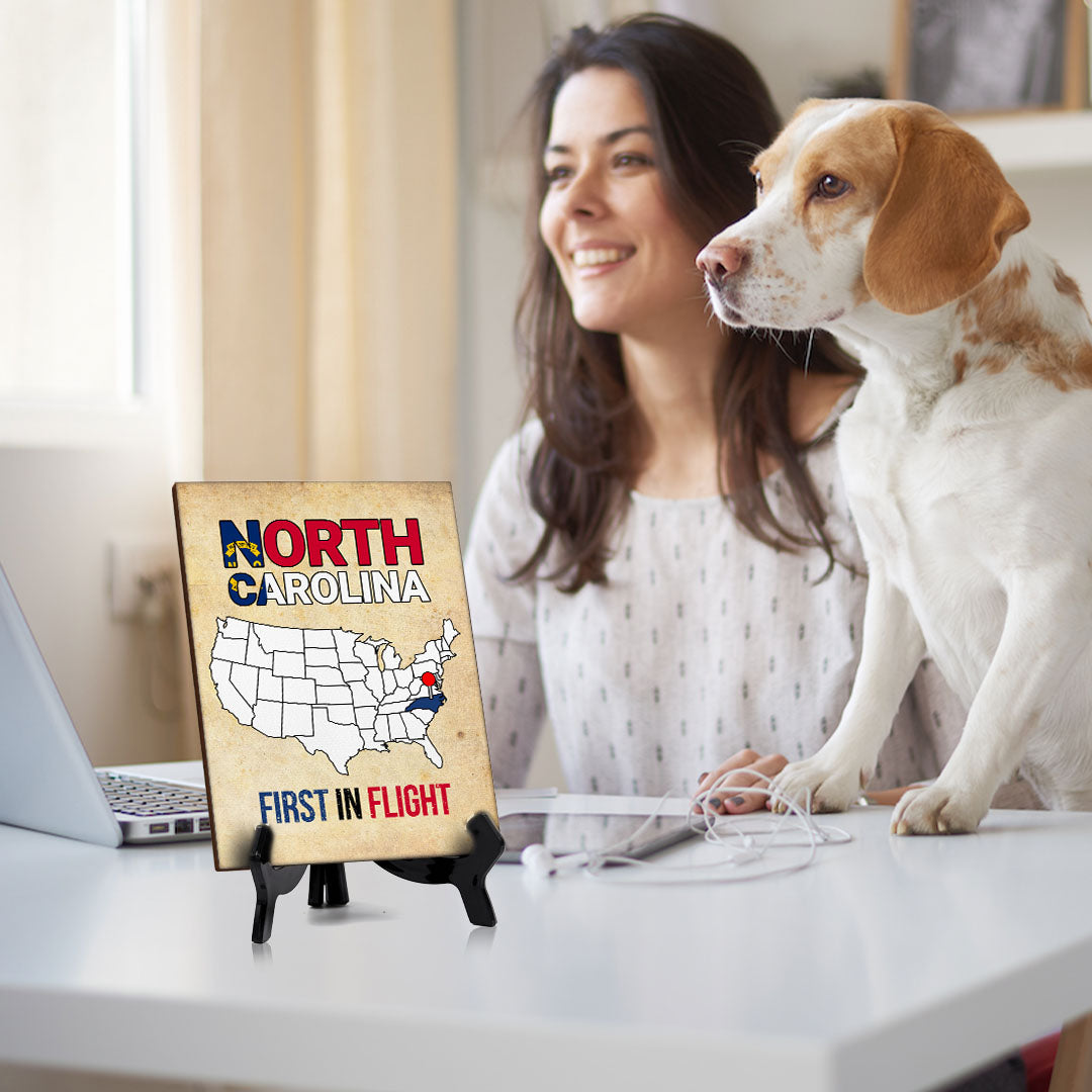 North Carolina: First in Flight Table Sign with Acrylic Stand (6x8“) | State Pride Collection | Perfect Gift for Coworkers or Family