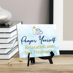 Signs ByLITA Pamper Yourself: Relaxation and Spa Treatments Table Sign with Acrylic Stand (6x8?