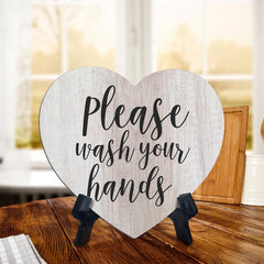 Signs ByLITA Heart Please Wash Your Hands, Wood Color, Table Sign (6"x5")