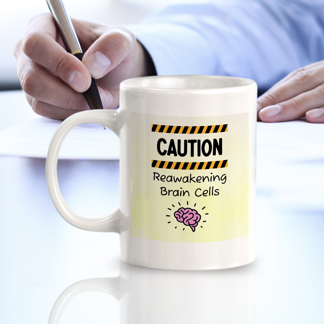 Caution: Reawakening Brain Cells 11oz Plastic/Ceramic Coffee Mug Easy Installation | Office & Home | Funny Novelty Gifts