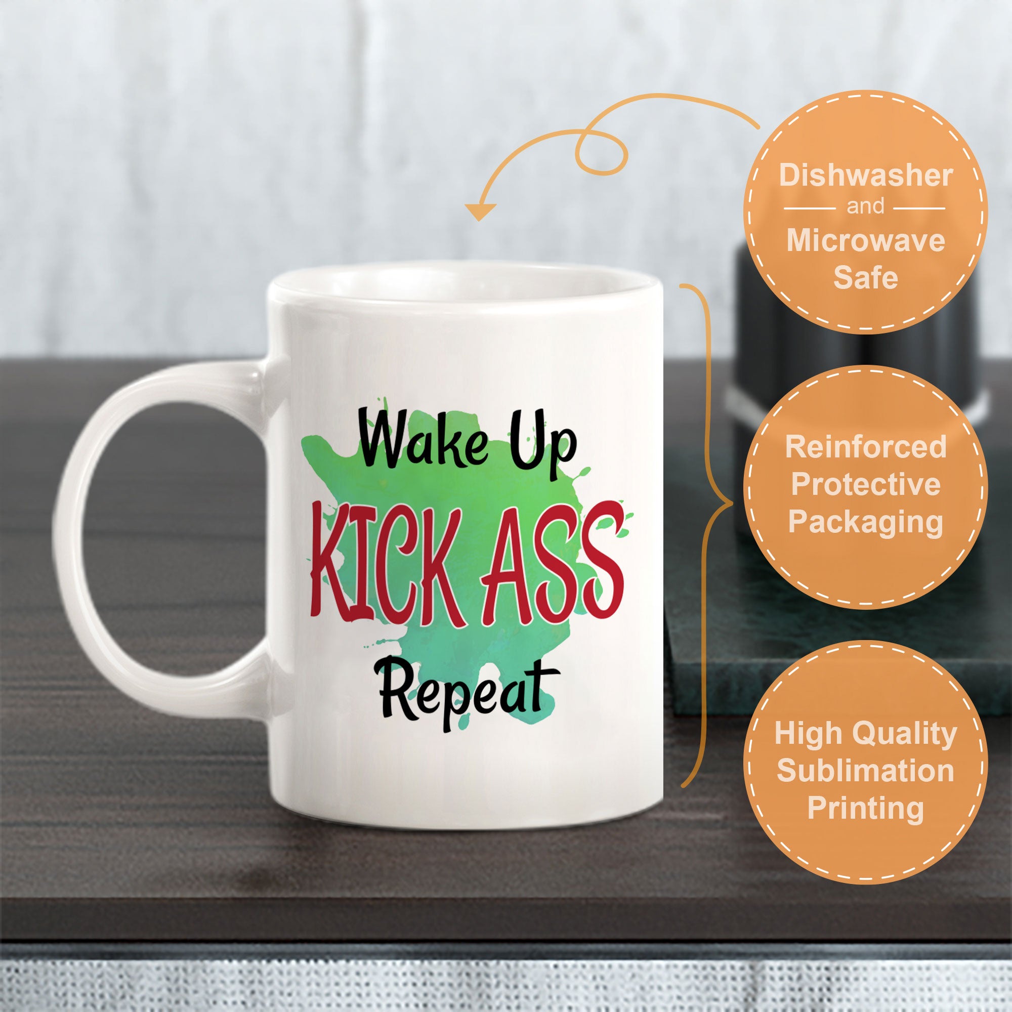 Wake Up Kick Ass Repeat 11oz Plastic or Ceramic Coffee Mug | Inspirational & Motivational Quotes