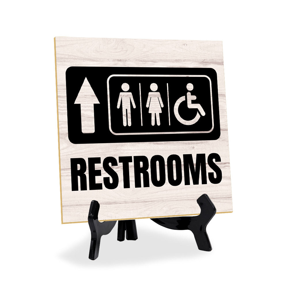 Restrooms Up Arrow 5"x 5" Square Table Sign With Acrylic Easel | Home & Office Decor