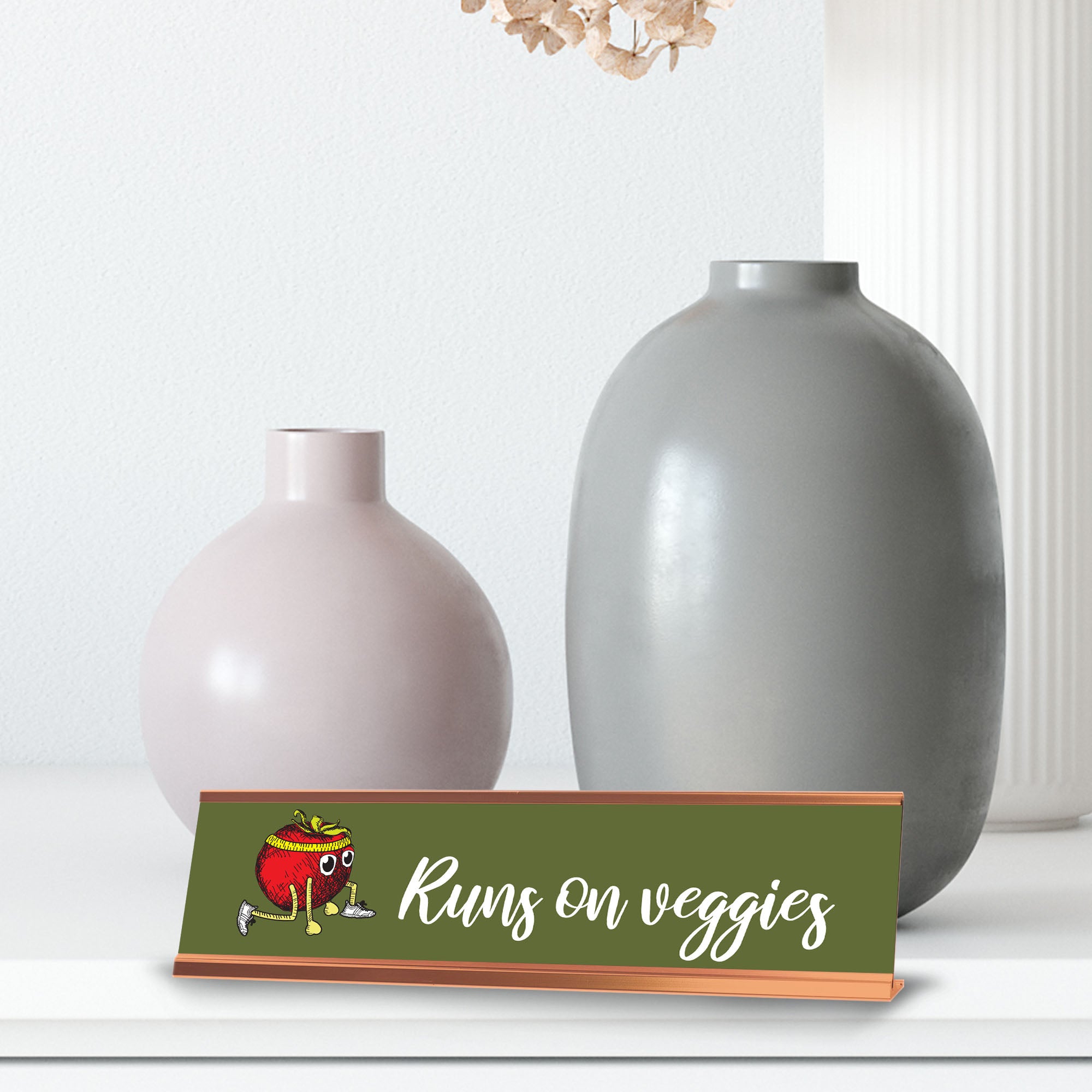 Runs On Veggies, Gold Frame, Desk Sign (2x8")
