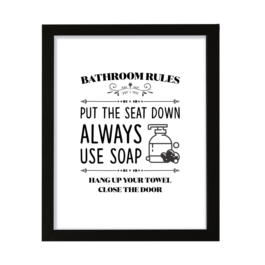 Bathroom Rules Put The Seat Down, Framed Wall Art, Home Décor Prints