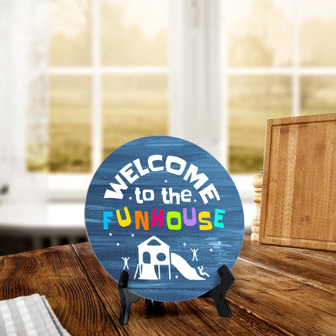 Signs ByLITA Circle Welcome to the Funhouse Wood Color, Entrance Decor Table Sign (5"x5")
