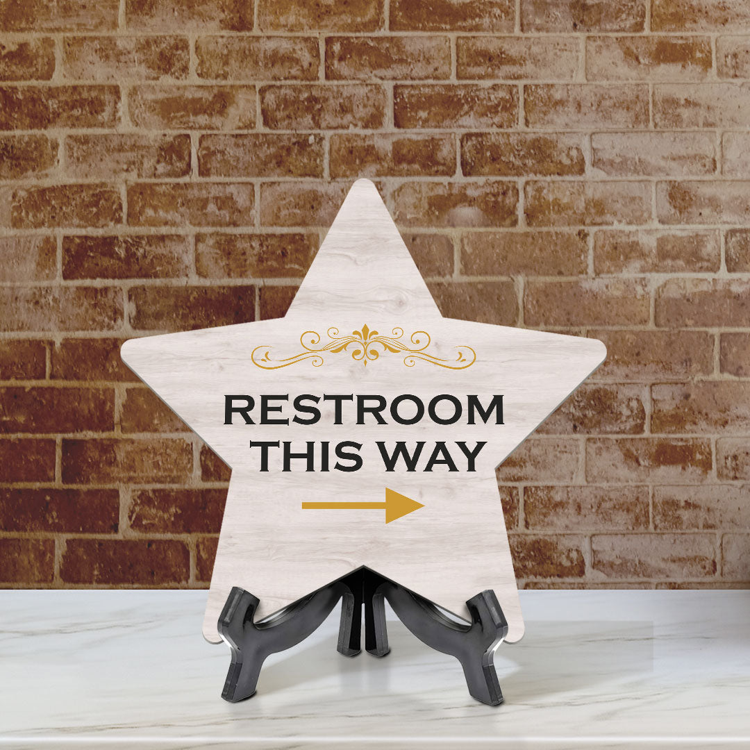 Sign ByLITA Restroom This Way, Wood Color, Star Table Sign (6"x5")