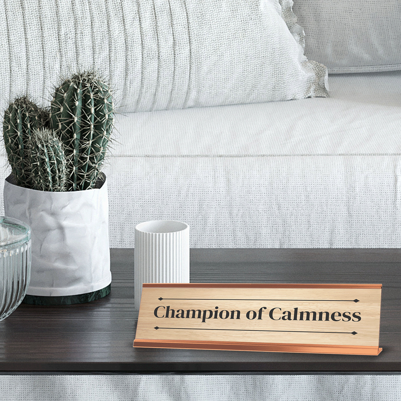 Champion of Calmness Rose Gold Frame Desk Sign (2x8") | Novelty Workplace and Home Office Decoration For Him