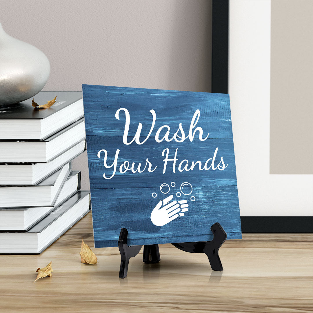 Signs ByLITA Wash Your Hands, Wood Color, Square Table Sign (5" x 5”)