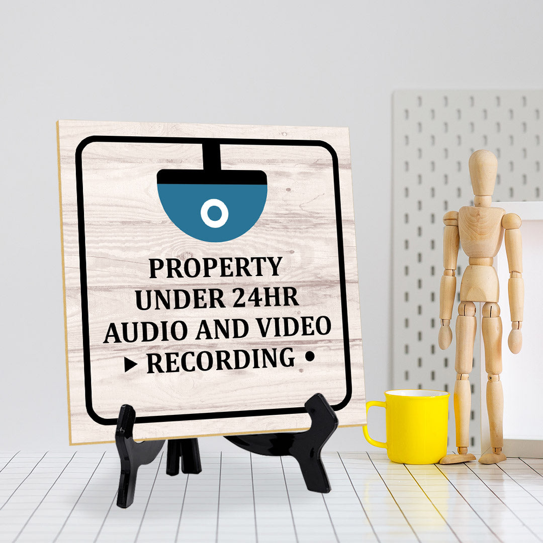 Property Under 24Hr Audio And Video Recording 5"x 5" Square Table Sign With Acrylic Easel | Home & Office Decor