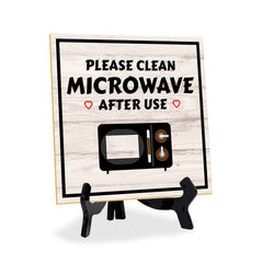 Please Clean Microwave After Use 5"x 5" Square Table Sign With Acrylic Easel | Home & Office Decor