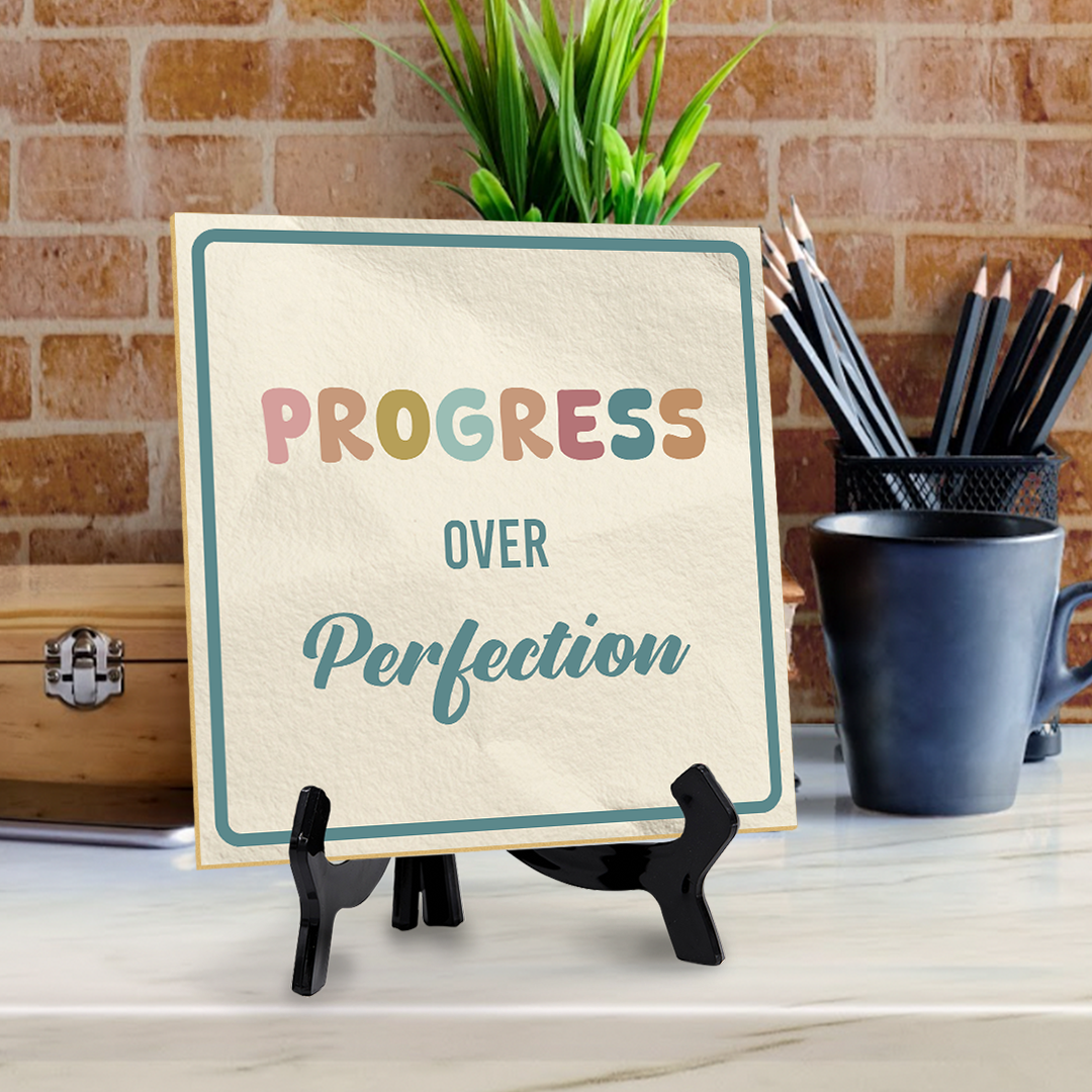 Progress Over Perfection 5"x 5" Square Table Sign With Acrylic Easel | Motivational Home Décor