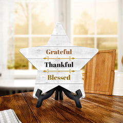 Sign ByLITA Grateful, Thankful, Blessed, Wood Color, Star Table Sign (6"x5")