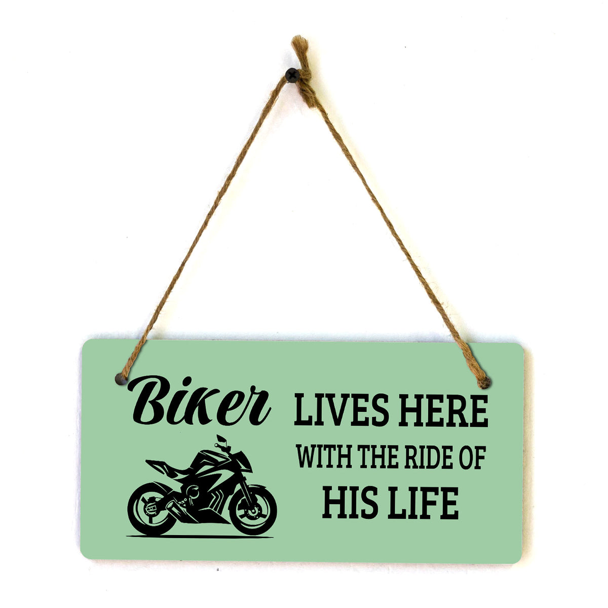 Biker Lives Here With The Ride Of His Life 5" x 10" Hanging Wall or Door Sign | Home Decor