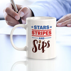 Stars, Stripes & Sips 11oz Plastic or Ceramic Mug | Funny Patriotic Novelty Office Mug