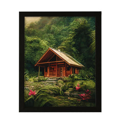 Tropical Jungle Cabin Retreat, Framed Print Sign Easy Installation | Forest and Trees | Stylish Modern Decoration For The Home and Officer
